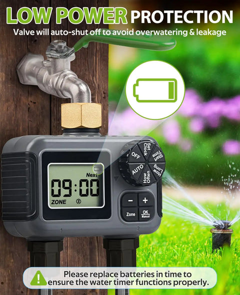 2 Zone Sprinkler Timer For Garden Hose with LCD display and brass connector, mounted on a wall, in a garden setting.