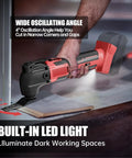 Heavy Duty Brushless Motor Cordless Oscillating Multi Tool Compatible With 18V Batteries Comes Fully Loaded With Twenty Two Sweet Accessories For Rock Solid Scraping Sanding And Cutting Wood Weekend Projects in use with LED light illuminating a corner.