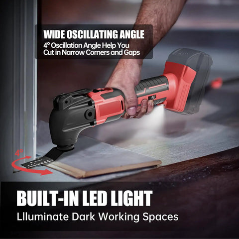 Heavy Duty Brushless Motor Cordless Oscillating Multi Tool Compatible With 18V Batteries Comes Fully Loaded With Twenty Two Sweet Accessories For Rock Solid Scraping Sanding And Cutting Wood Weekend Projects in use with LED light illuminating a corner.