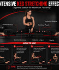 Squad Up For Serious Gains With This Heavy Duty Anti Rust Steel Leg Stretcher Machine Featuring Tool Free Quick Assembly Solid Frame That Handles 300 Lbs Of Force For Ultimate Flexibility And Deep Stretch Sessions Today with demonstration of stretching positions.