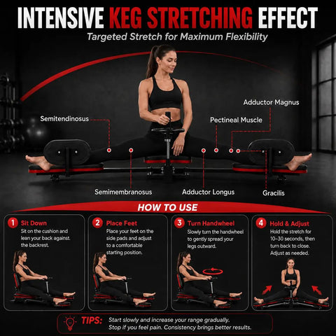 Squad Up For Serious Gains With This Heavy Duty Anti Rust Steel Leg Stretcher Machine Featuring Tool Free Quick Assembly Solid Frame That Handles 300 Lbs Of Force For Ultimate Flexibility And Deep Stretch Sessions Today with demonstration of stretching positions.