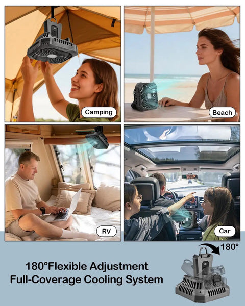 Portable Camping Fan With LED Lantern For Outdoor Adventures, 6000mAh Rechargeable Battery in various settings.