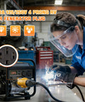 Heavy Duty Nema 14 50P To 6 50R Welder Adapter Cord 50 Amp 4 Prong RV Generator Male Plug To 3 Prong Welder Outlet Power Adapter in use.