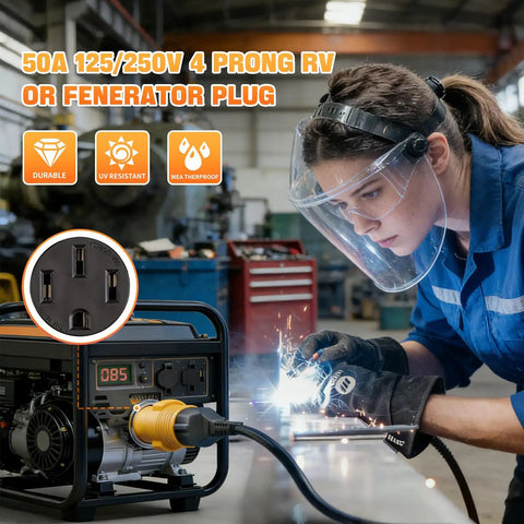Heavy Duty Nema 14 50P To 6 50R Welder Adapter Cord 50 Amp 4 Prong RV Generator Male Plug To 3 Prong Welder Outlet Power Adapter in use.