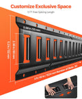 Diagram of the Five Foot E Track Tie Down Rail Kit With Four Rails, Two Single Slots, Six O Rings, Four Tie Offs With D Ring, And Two Ratchet Straps