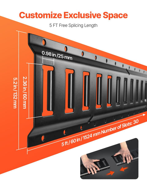 Diagram of the Five Foot E Track Tie Down Rail Kit With Four Rails, Two Single Slots, Six O Rings, Four Tie Offs With D Ring, And Two Ratchet Straps