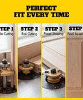 4-step process using 3 Piece Shaker Cabinet Door Router Bit Set With Height Matched Bits for stile, rail, panel shaping, assembly.