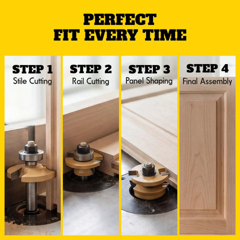 4-step process using 3 Piece Shaker Cabinet Door Router Bit Set With Height Matched Bits for stile, rail, panel shaping, assembly.
