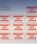 Emergency Exit Window Decal Stickers Ten Pack For Cars School Bus And Train Transparent With Red Text That Clearly Marks Escape Routes And Guides Quick Egress 4 Inch By 2 And Half Inch displayed in a grid.