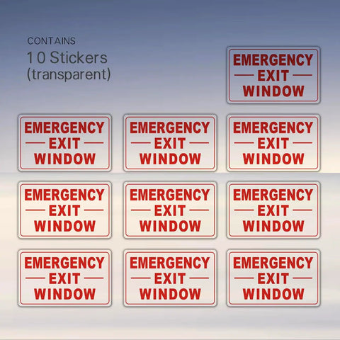Emergency Exit Window Decal Stickers Ten Pack For Cars School Bus And Train Transparent With Red Text That Clearly Marks Escape Routes And Guides Quick Egress 4 Inch By 2 And Half Inch displayed in a grid.