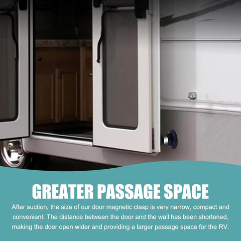 Open RV door with RV Magnetic Door Catch, 2.09 Inch Round Self Adhesive Door Holder securing door, creating larger passage space.