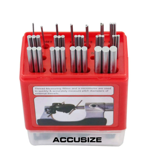 US And Metric Thread Measuring Wire Set With Wire Holders For External Threads 3 Wire Method 48 Pieces In 16 Sizes displayed in box