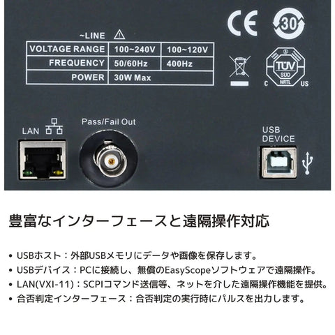 Back panel of Two Channel 100 MHz Digital Storage Oscilloscope SDS1102CML Plus with LAN, USB ports, and voltage range details