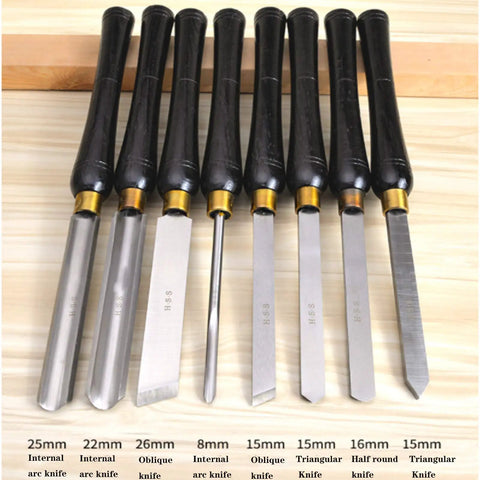 Top Notch Eight Piece Wood Lathe Chisel Set Featuring Razor Sharp High Speed Steel Blades And Tough Beech Handles That Grip Tight For Hella Durable Turning Mastery with various chisel types.