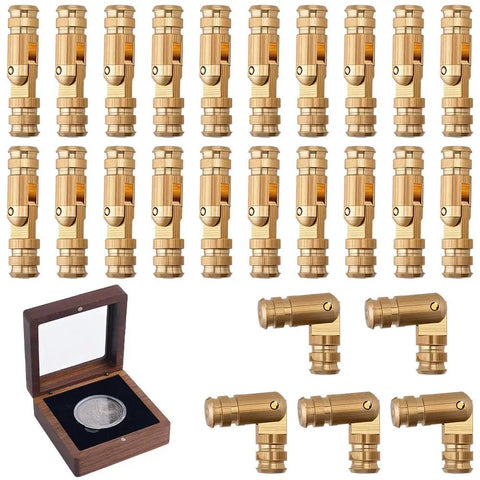 Hidden Brass Barrel Hinges 5mm Set Of 30 Pcs, 180 Degree Opening, gold tone hinges next to wooden box and jointed hinges