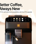 Smart Automatic Espresso Maker With Built In Burr Grinder And Dual Milk Frother One Tap Super Coffee Brewer angled view with touch screen.