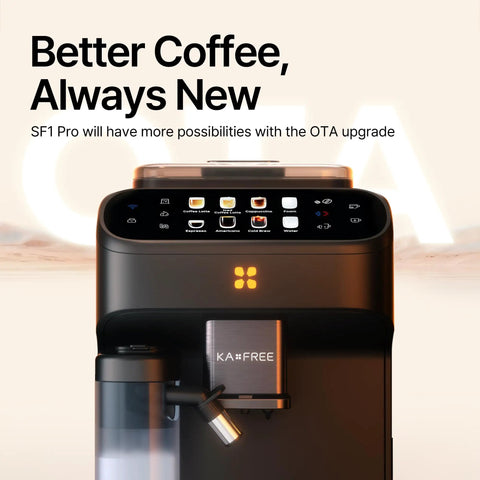 Smart Automatic Espresso Maker With Built In Burr Grinder And Dual Milk Frother One Tap Super Coffee Brewer angled view with touch screen.