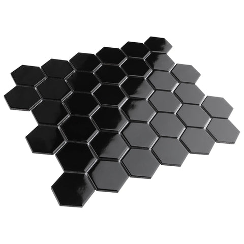 Dope Glossy Black Porcelain Hex Mosaic Tile For Floors And Walls, Mesh-Mounted 2 Inch Pieces, high sheen finish