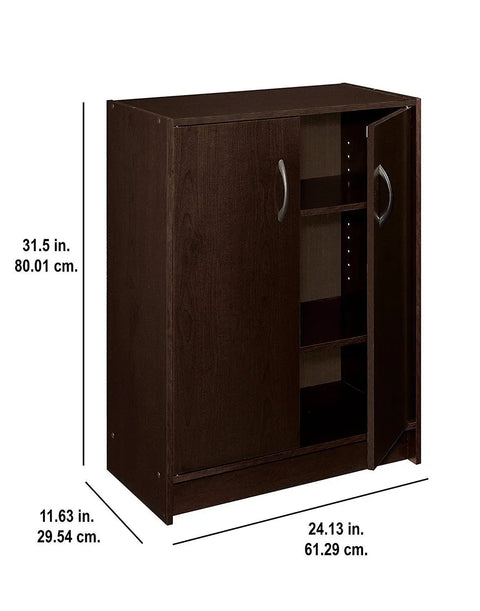 Espresso Stackable Two-Door Organizer With Two Adjustable Shelves, Easy Closet Storage Module, 31.5x24.13x11.63 inches, open door view