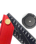 Close-up of Folding Aluminum Alloy Measuring Gauge and Engineering Square with Multi Angle Ruler showing angles and measurements.