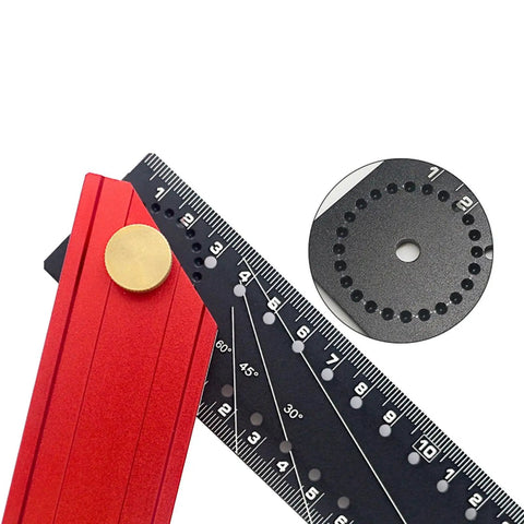 Close-up of Folding Aluminum Alloy Measuring Gauge and Engineering Square with Multi Angle Ruler showing angles and measurements.