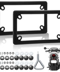 Two Pack Stainless Steel Motorcycle License Plate Frames In Black Finish Heavy Duty Metal Plate Cover With Mounting Screws Nuts Caps Rust Proof And Rattle Proof shown with mounting accessories and a motorcycle.