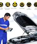 Mechanic inspecting car engine, open hood, icons highlighting features like pure copper guide rail and stable performance