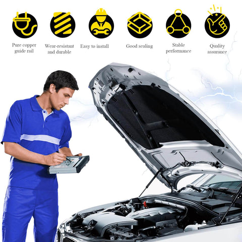 Mechanic inspecting car engine, open hood, icons highlighting features like pure copper guide rail and stable performance