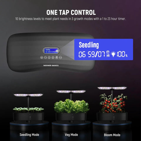 Control panel for All In One Aeroponics Growing System Kit With Atomization Tech LED showing seedling mode display
