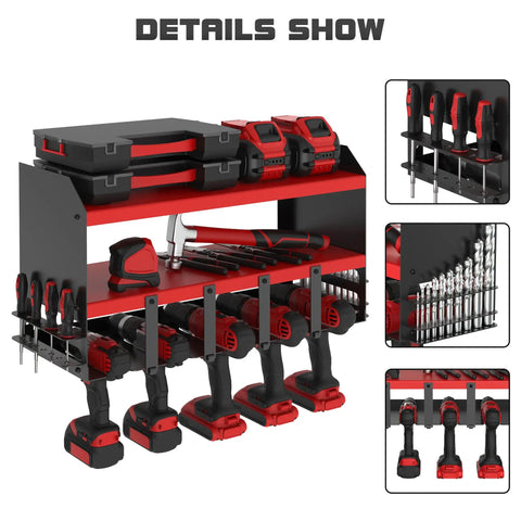 Power Tool Organizer Wall Mount With 5 Drill Slots Storage Rack And Cordless Drill Charging Station Large Garage Tool Storage Shelf For Screwdrivers And Bits Red Pro Grade Heavy Duty