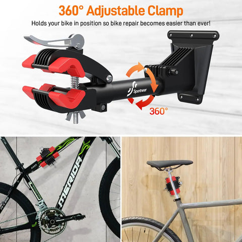 360 Degree Rotating Bike Repair Stand With Wall Mount Go-To Removable Clamp And Dual Mounting Plates For 1 To 1.6 Inch Bicycle Frames Adjustable Home Maintenance Stand For Easy Repairs showcasing adjustable clamp and bike mounting