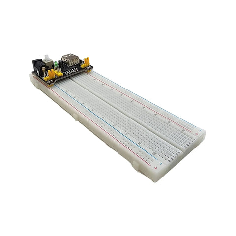Image of two pack breadboard power supply modules with 3.3V or 5V selectable output for solderless breadboards, ideal for Arduino ESP32 ESP8266 Raspberry Pi and DIY electronics projects, attached to a white breadboard.