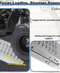 Heavy Duty 74 Inch Atv Ramps 2 Pack With Hella Secure Anti Slip Grip And Rock Solid Stability For Pickup Trucks Load Up Your Utv Or Trailer Without Any Sweat Today shown in use with angled tail and reinforced hinges on surface.