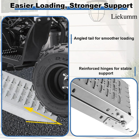 Heavy Duty 74 Inch Atv Ramps 2 Pack With Hella Secure Anti Slip Grip And Rock Solid Stability For Pickup Trucks Load Up Your Utv Or Trailer Without Any Sweat Today shown in use with angled tail and reinforced hinges on surface.
