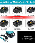 Cordless 60W Soldering Iron Station Kit For 18V LXT Batteries shown with compatible battery types, battery not included