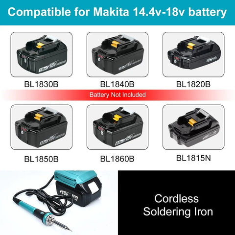 Cordless 60W Soldering Iron Station Kit For 18V LXT Batteries shown with compatible battery types, battery not included