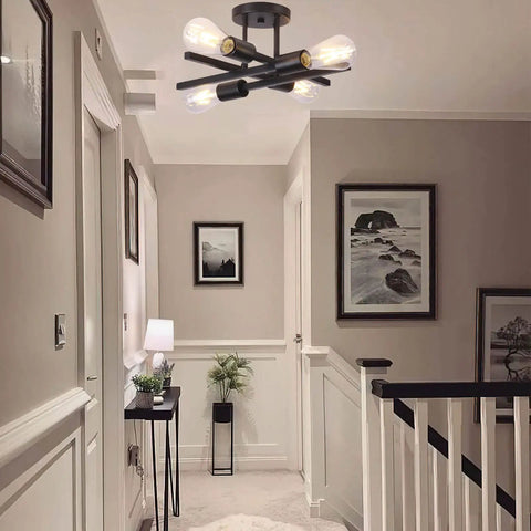 Dope Black Semi Flush Mount Ceiling Light Fixture 2 Pack Modern 4 Light Sputnik Chandelier in a hallway setting.