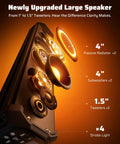 Exploded view of 26 Inch Six Speaker UTV Sound Bar With Bluetooth And RGB And Strobe Lights For Golf Carts And ATVs Trail Ready 500 Watt IP66 Waterproof System With Dual Tweeters Four Subwoofers And Passive Radiators Compatible With Polaris RZR CFmoto Can Am highlighting components.