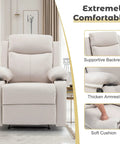 Front view of beige Compact Manual Recliner For Small Spaces with Adjustable Backrest, side pockets, cup holders, in living room.