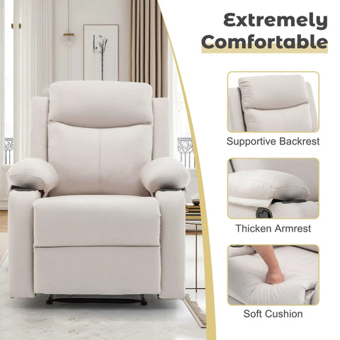 Front view of beige Compact Manual Recliner For Small Spaces with Adjustable Backrest, side pockets, cup holders, in living room.