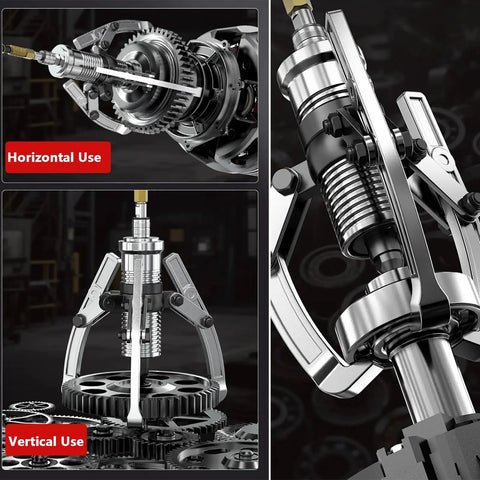 Hydraulic Gear Puller With Hand Pump Kit For Hubs Bearings And Wheel Parts, vertical and horizontal use shown
