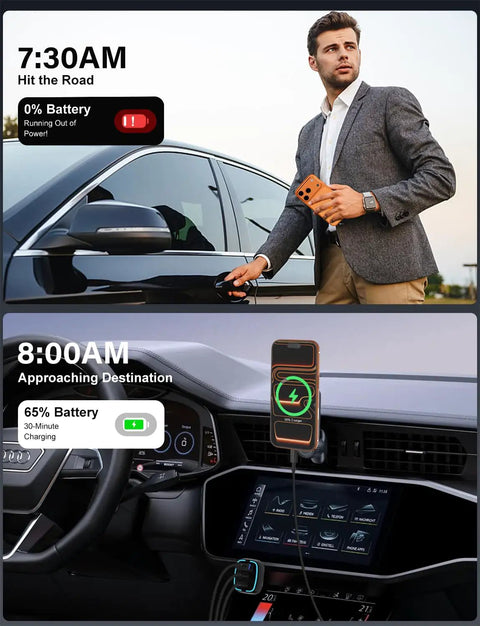Image of a man charging his phone using the Hella Fast 75W USB C Car Charger With Three Ports Delivering PD 3.0 And QC 3.0 Power.