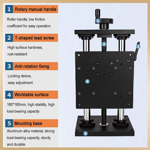 Smooth As Butter Precision Manual Linear Stage Actuator With 100mm Stroke Sliding Table Handwheel Ball Screw Z Axis Linear Rail Guide Killer Fit For Diy Cnc Router Mechanical Positioning Mods, showing rotary handle and T-shaped lead screw.