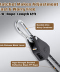 Close-up of zinc alloy carabiner and ratchet in One Eighth Inch Adjustable Rope Hanger Kit With Four 12 Foot Reflective Tie Down Ropes