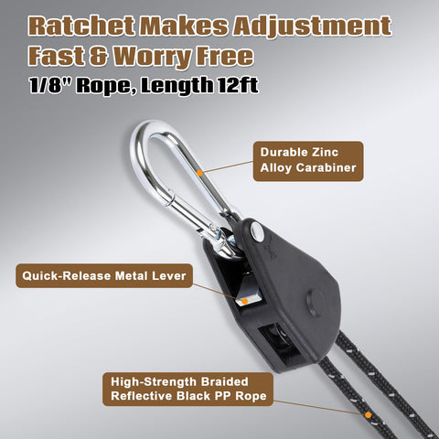 Close-up of zinc alloy carabiner and ratchet in One Eighth Inch Adjustable Rope Hanger Kit With Four 12 Foot Reflective Tie Down Ropes
