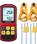 Front view of JuviPerpric digital K-type thermocouple thermometer, red handheld unit with 2 yellow clamps and 2 wired probes