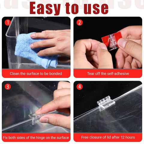 Installation steps for 8 Pack Clear Acrylic Self Adhesive Hinges For Cabinets Drawers Lids And Displays Transparent Folding Hinge