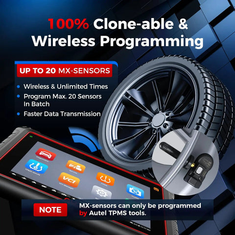 Set Of 4 MaxiTPMS Tire Pressure Sensors With 315MHz And 433MHz Snap In 1MX Rubber Stem, showing wireless programming capability