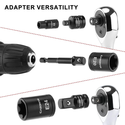 Adapters and sockets from Beast Of A 71-Piece Hex And Torx Socket Set With One Quarter Inch, Three Eighths Inch, And One Half Inch Drives.