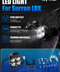 LED Headlight Kit for Sur Ron Surron LBX Light Bee X S Electric Dirt Bike With Light Bar Headlamp and Mount Bracket Plug and Play No Cutting Needed 6500K Ultra Bright 4 5054 LED Chips displayed against a dark bike.